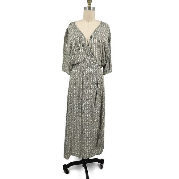 BeachGold Rayon Midi Dress Womens M Surplice Wrap Bodice Blue Ivory - Picture 1 of 9